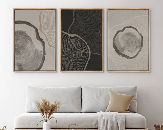 Framed Canvas Print Wall Art Set of 3 Pastel Grunge Wood Tree Rings Abstract Illustrations Minimalist Modern Art Boho Decor