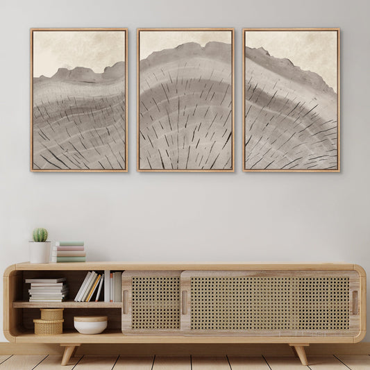 Framed Canvas Print Wall Art Set Oak Wood Tree Rings Illustrations Modern Art Neutral Boho Decor