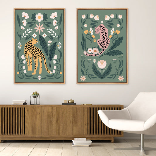 Framed Canvas Print Wall Art Set Cartoon Tiger Plant Bohemian Art Room Decoration Painting
