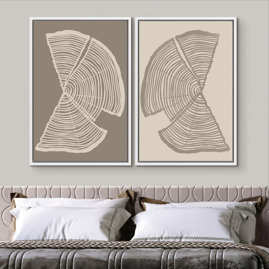 Framed Canvas Print Wall Art Set of 2 Pastel Beige Wood Tree Rings Abstract Illustrations Minimalist Modern Art Boho Decor