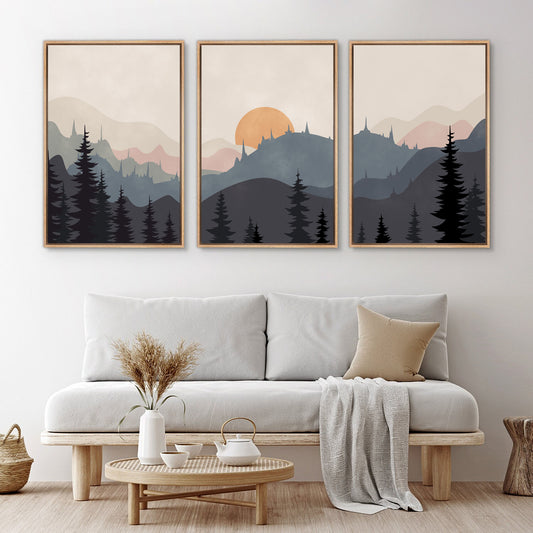 Framed Canvas Wall Art Set of 3 Sunset Forest Landscape Abstract Illustrations Prints Modern Art Minimalist Boho Wall Decor