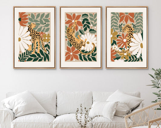 Framed Canvas Wall Art Set of 3 Cheetah Cats Animal Floral Botanical Prints Minimalist Modern Art Boho Decor Preppy Room Decor
