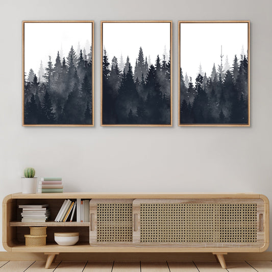 Framed Canvas Wall Art Set of 3 Misty Forest Mountain Landscape Print Modern Art Nature Wall Decor