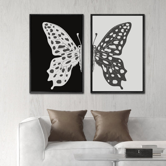 Framed Canvas Wall Art Set of 2 Black and White Butterfly Prints Minimalist Modern Art Boho Wall Decor