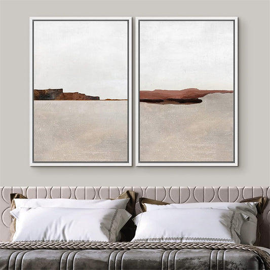 Framed Canvas Print Wall Art Set of 2 Brown Pastel Abstract Landscape Illustration Modern Art Minimalist Decor