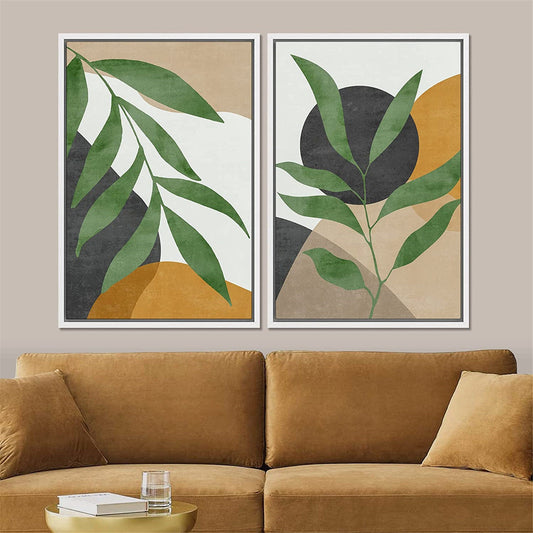 Framed Canvas Print Wall Art Set of 2 Plant Polygon Abstract Shapes Illustrations Mid Century Modern Art Boho Decor