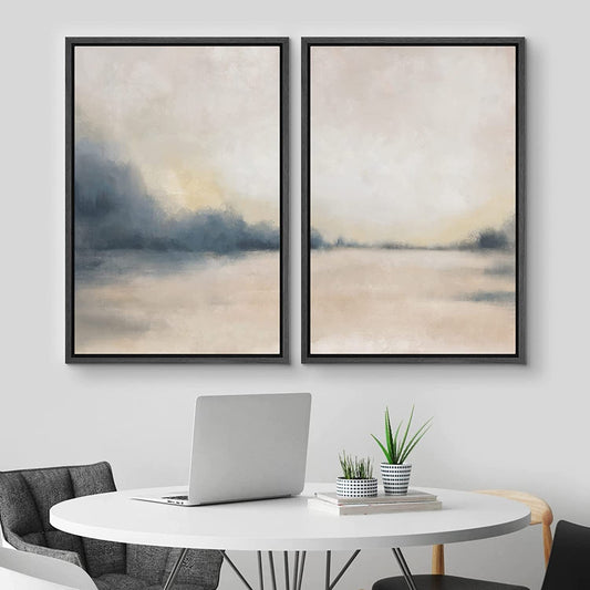 Framed Canvas Print Wall Art Set of 2 Pastel Gray Tan Abstract Landscape Modern Art Neutral Minimalist Decor