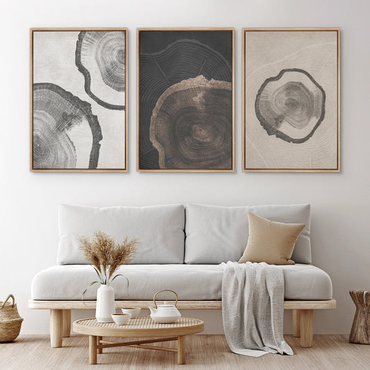 Framed Canvas Print Wall Art Set of 3 Pastel Grunge Wood Tree Rings Abstract Illustrations Minimalist Modern Art Boho Decor