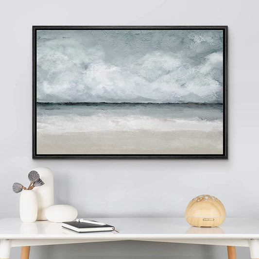 Framed Canvas Print Wall Art Coastal Beach Ocean Oil Painting Print Minimalist Modern Art Decor for Living Room