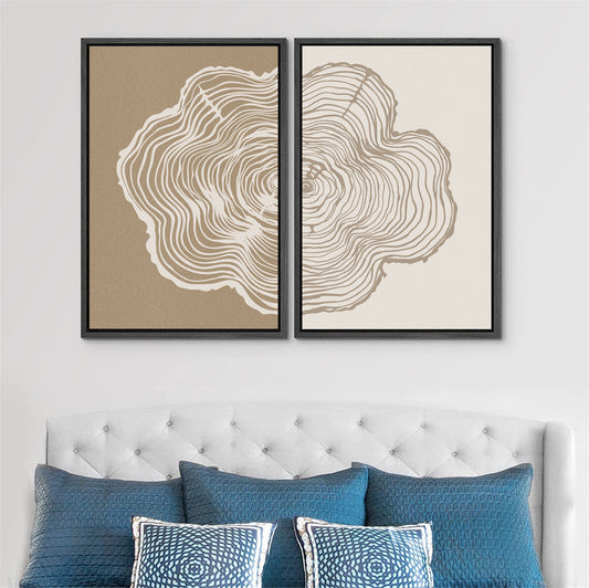 Framed Canvas Print Wall Art Set of 2 Duotone Wood Tree Ring Abastract Illustrations Modern Art Minimalist Boho Decor