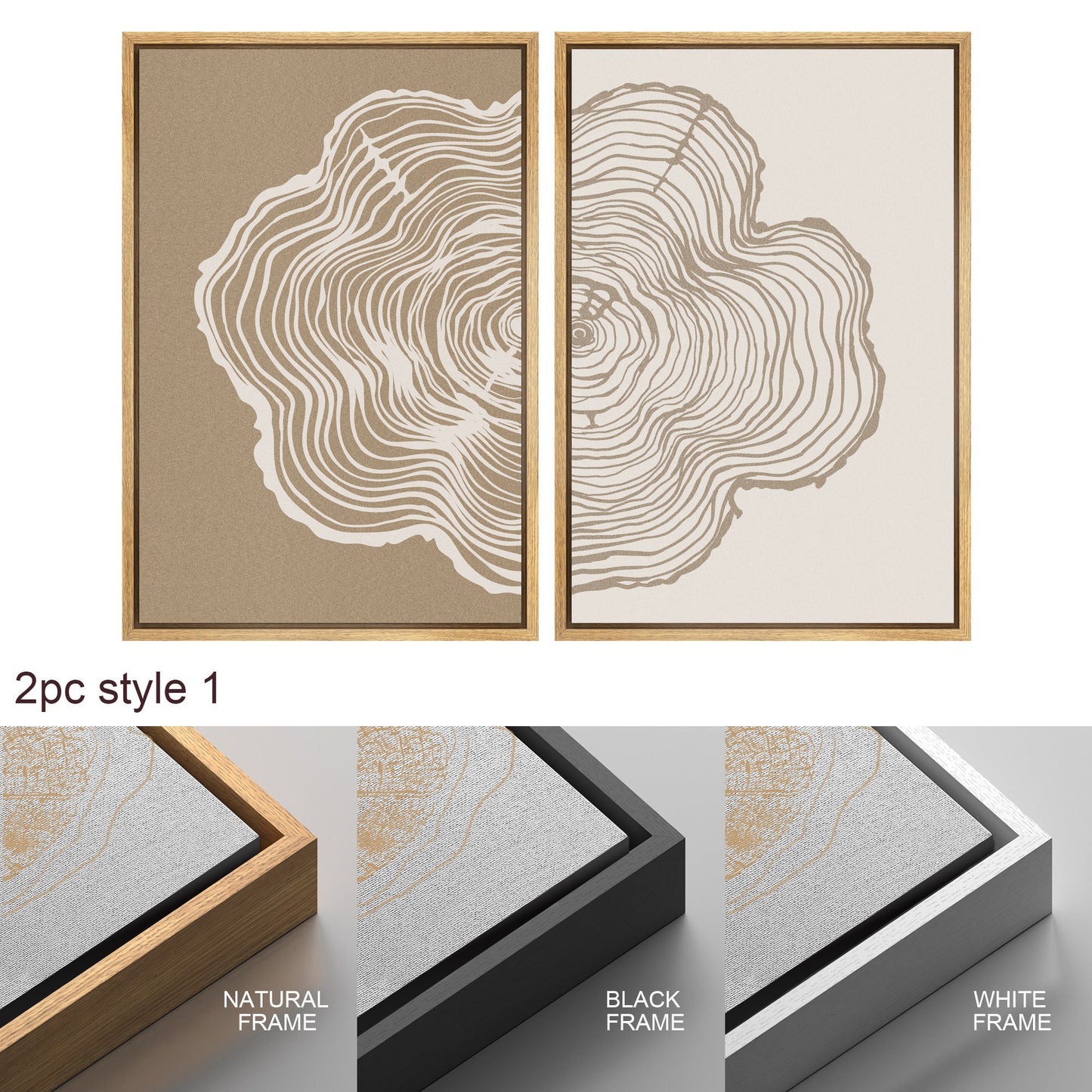 Framed Canvas Print Wall Art Set of 2 Duotone Wood Tree Ring Abastract Illustrations Modern Art Minimalist Boho Decor