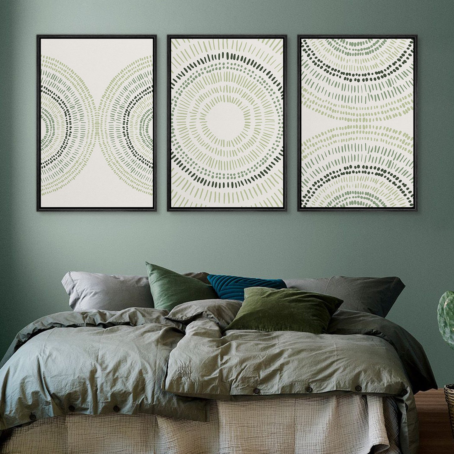 Framed Canvas Wall Art Set of 3 Sage Green Abstract Wood Tree Rings Prints Minimalist Modern Wall Art Neutral Boho Decor