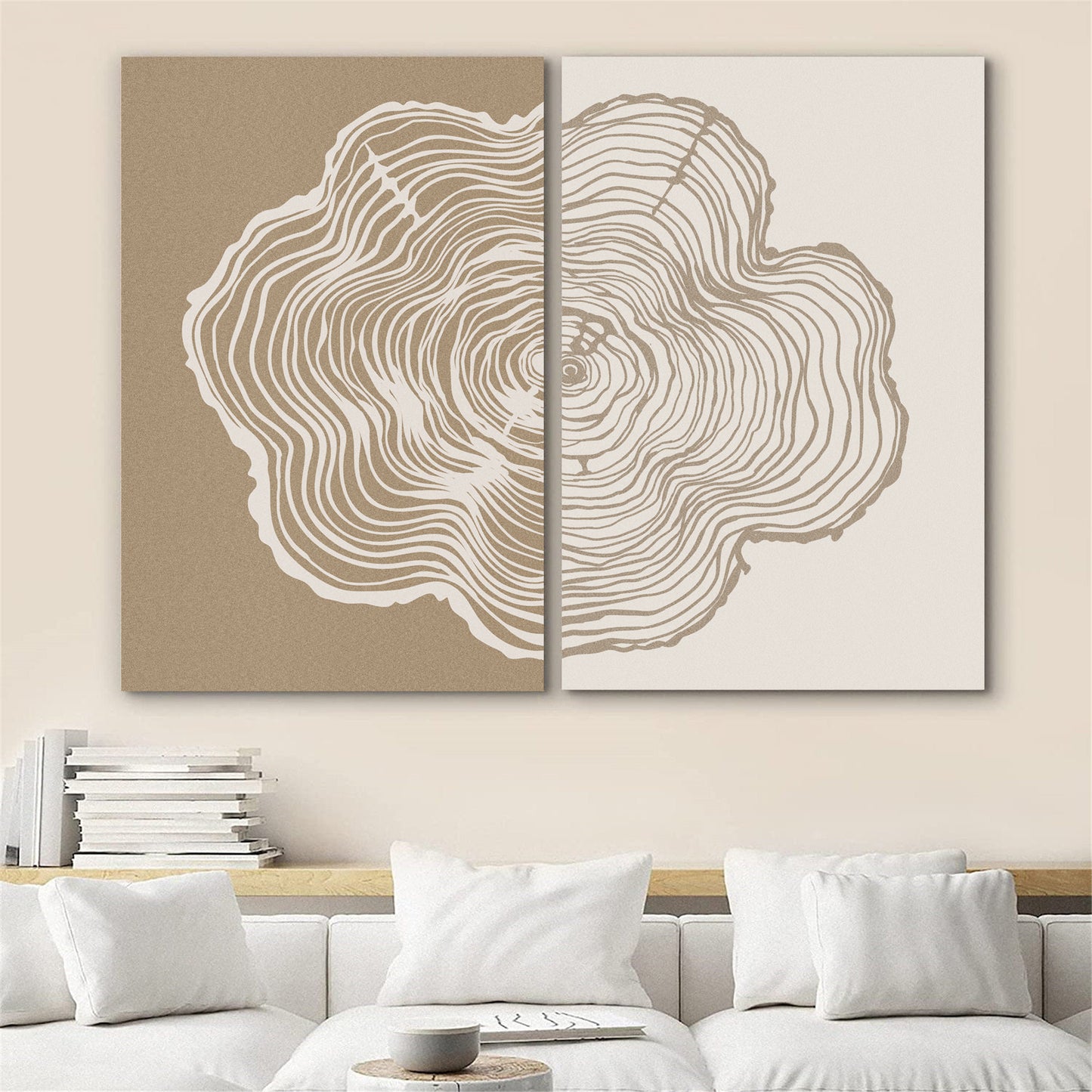 Framed Canvas Print Wall Art Set of 2 Duotone Wood Tree Ring Abastract Illustrations Modern Art Minimalist Boho Decor